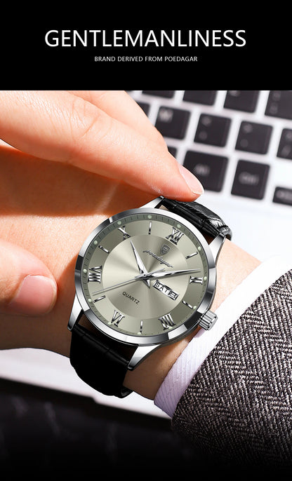 POEDAGAR Business Brand Men Clock Waterproof Luminous Date Week Fashion Man Wristwatch Leather Luxury Men's Quartz Watches Reloj