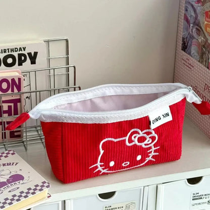 Cute Hello Kitty Corduroy Large Capacity Stationery Storage Bag Portable Handbag Cartoon Pen Bag with High Appearance Value