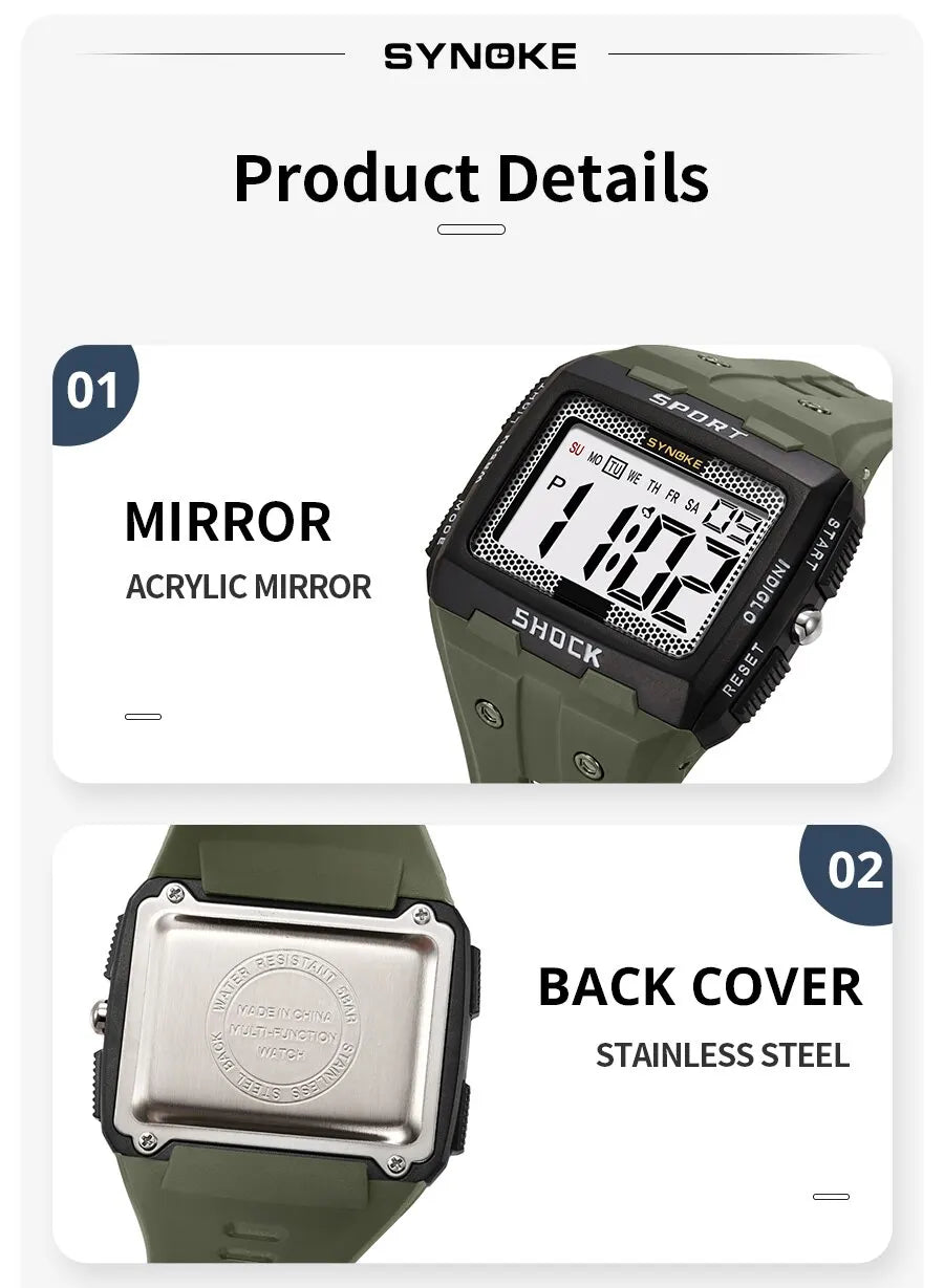 SYNOKE New For Men Sports Electronic Watch Waterproof Night Glow Large Screen Square Outdoor Running Camping Student Watch