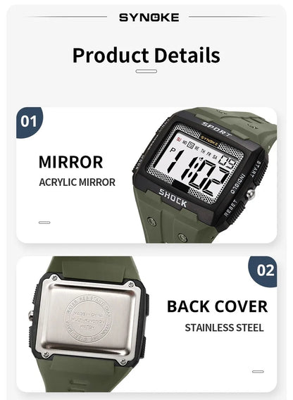 SYNOKE New For Men Sports Electronic Watch Waterproof Night Glow Large Screen Square Outdoor Running Camping Student Watch