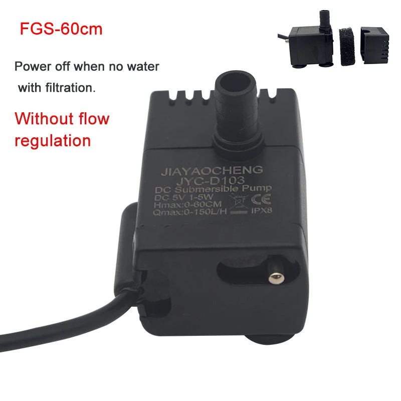 Ultra Quiet USB Aquarium Fish Tank Filtration Pump Mini Pet Fountain Submersible Adjustable Flow Water Circulation Pump 5V 5W
