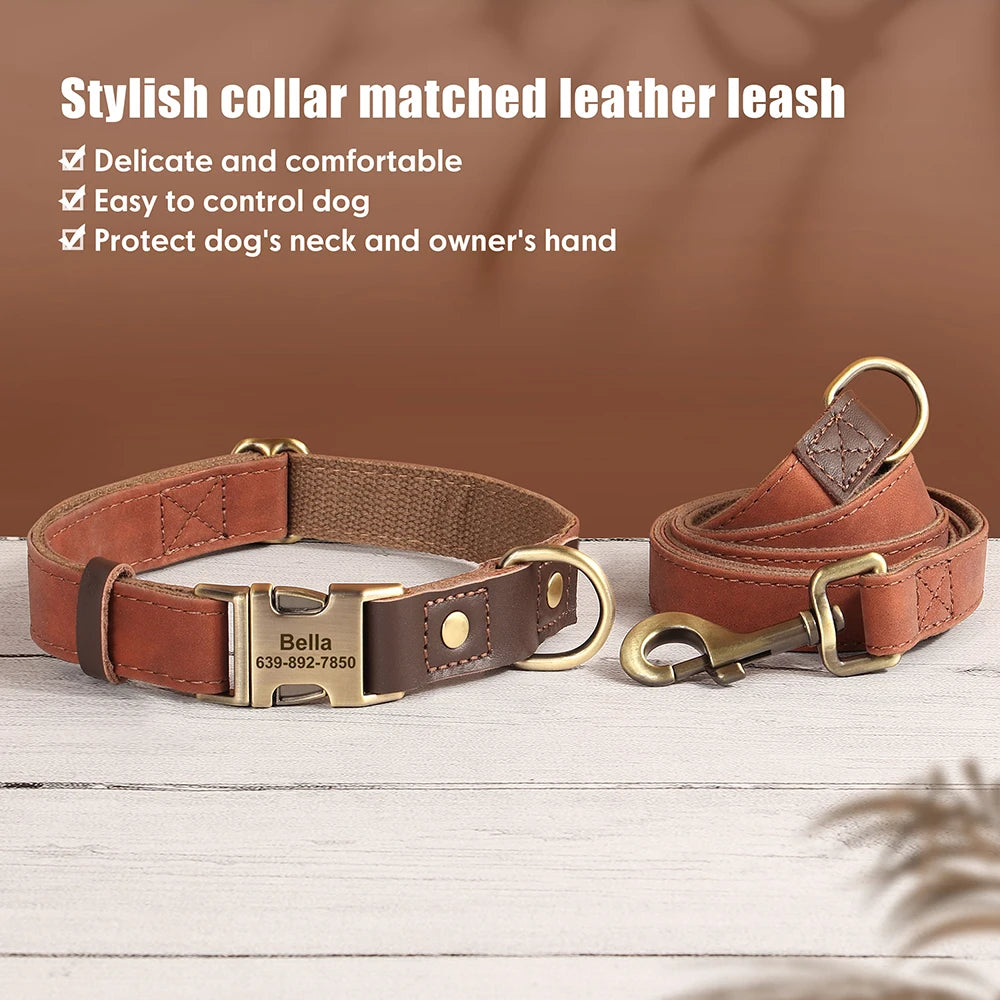 Personalized Dog Collar Leash PU Leather Dog Collars With Walking Lead Rope Free Custom Pet ID Necklace for Small Large Dogs Pug
