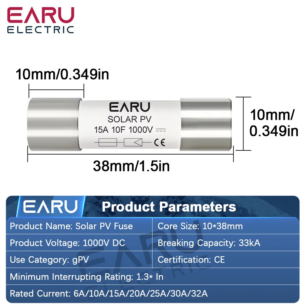 EARU 1/5/10/20/30PCS Solar DC1000V PV Fuse 6A 10A 15A 20A 25A 30A 32A High Voltage for Solar System Short Circuit Protection GPV