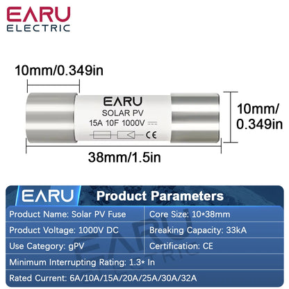 EARU 1/5/10/20/30PCS Solar DC1000V PV Fuse 6A 10A 15A 20A 25A 30A 32A High Voltage for Solar System Short Circuit Protection GPV