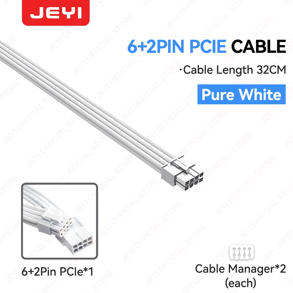 JEYI PSU Extension Cable Kit-24Pin ATX + 8Pin EPS + 6+2Pin PCIe,18AWG Sleeved with Combs,Fit Universal Case Compatibility