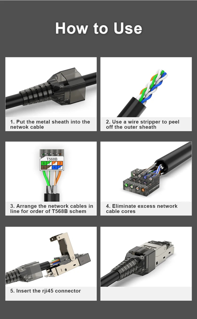 RJ45 Cat8 Cat7 Cat6A Connectors Metal Tool Free Easy Termination Plug 2000MHz 40G LAN Cable 22AWG - 24AWG Reusable Ethernet Plug