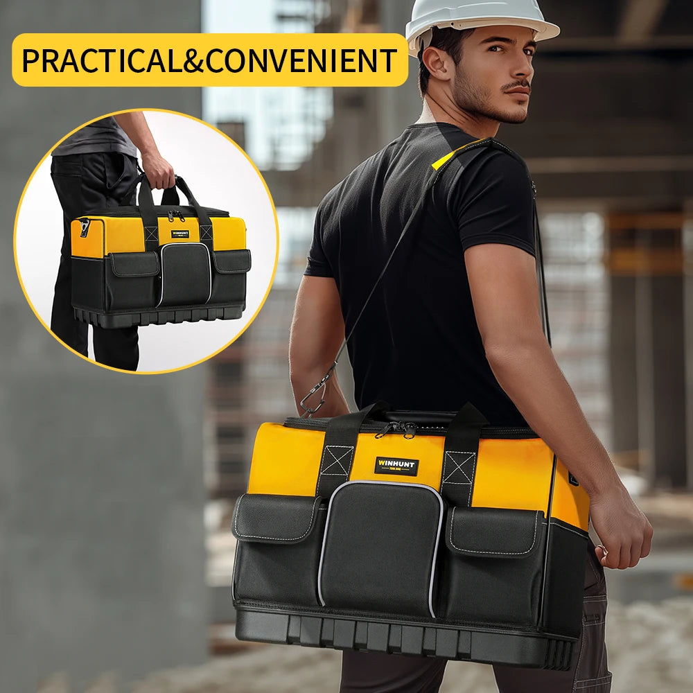 WINHUNT Heavy-Duty Tool Bag with Wide Mouth & Molded Bottom - Adjustable Shoulder Strap, Durable Polyester, Yellow/Black
