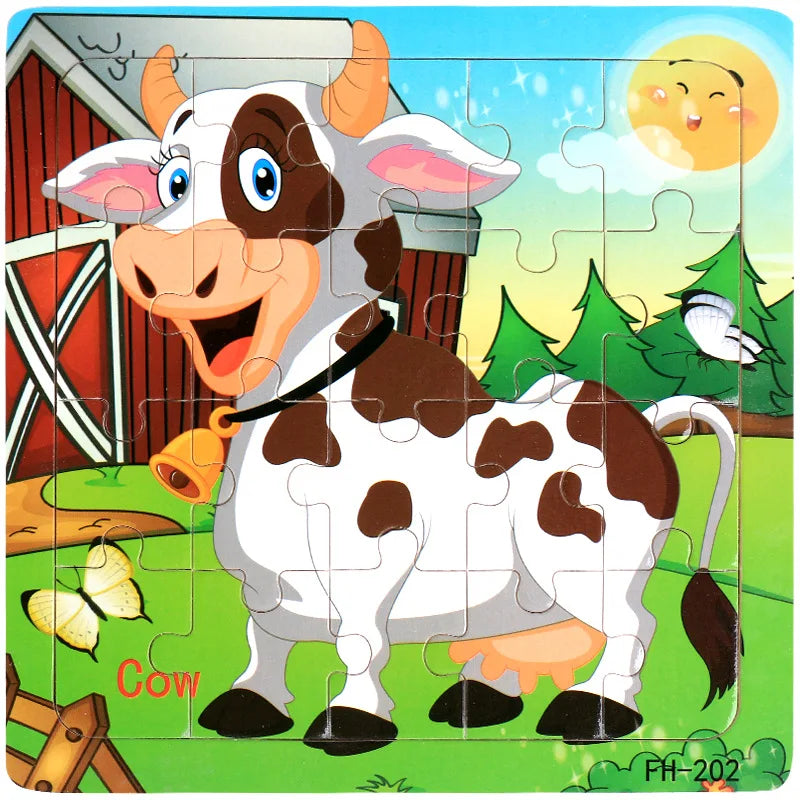 20piece Wooden Puzzle Cartoon Animals Car Letter Number Pattern Jigsaw Puzzles Game Kids Educational Learning Toys for Children