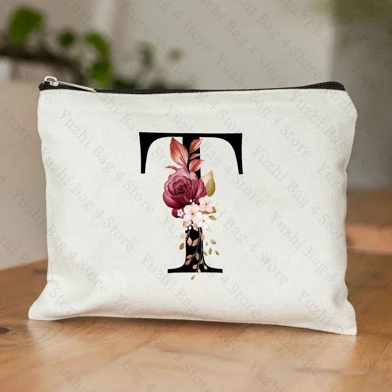 26 Letters Flower Makeup Bag Printed Bridesmaid Wedding Gift Graduation Teacher's Day Gift Storage Bag Travel perfume Side Bag
