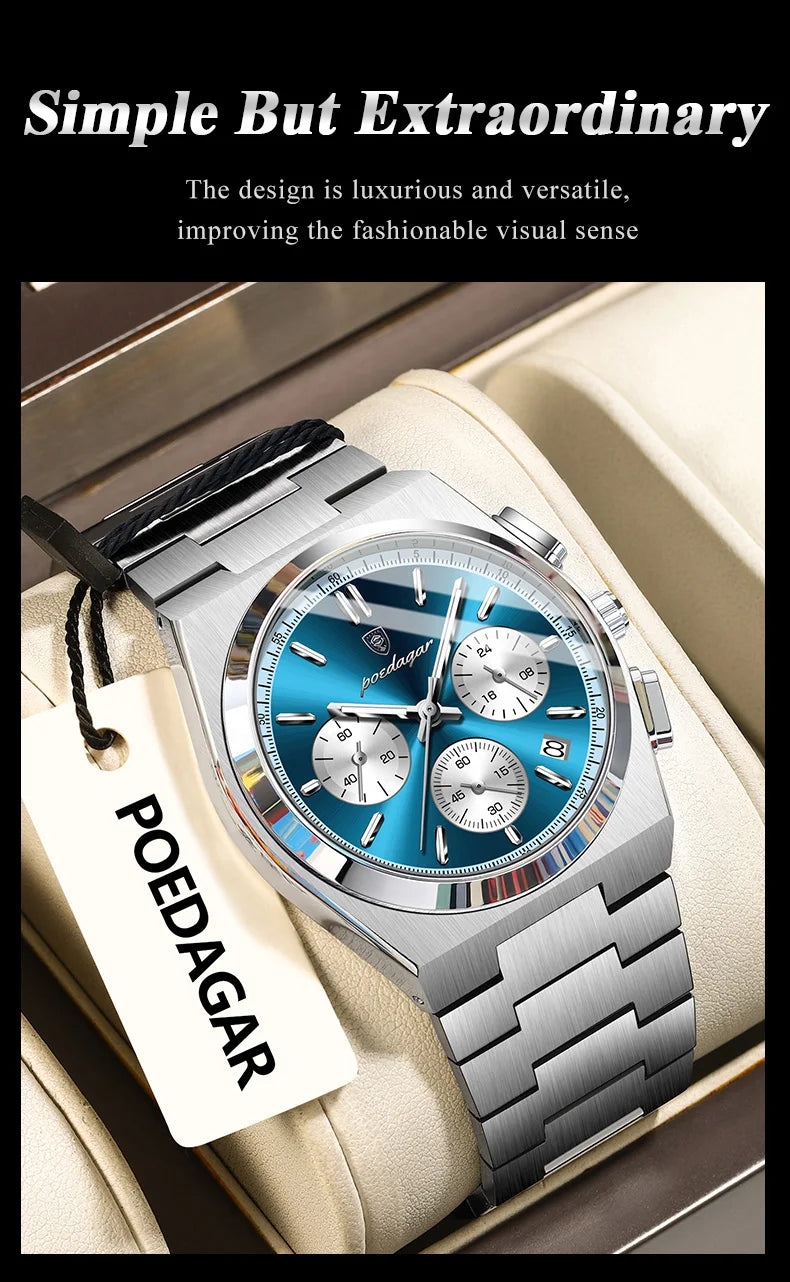 POEDAGAR Fashion Man Watches Chronograph Date Stainless Steel Casual Men Wristwatch Waterproof Luminous Men's Quartz Watch Reloj