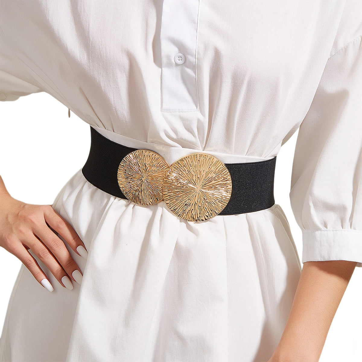 Women Solid-Color Belt,Wide Elastic Belt ,Coat/Dress Accessories Waist Belt,Chunky-Gold Discs Round Belts,for Daily/Party Use