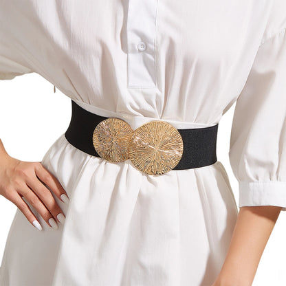 Women Solid-Color Belt,Wide Elastic Belt ,Coat/Dress Accessories Waist Belt,Chunky-Gold Discs Round Belts,for Daily/Party Use