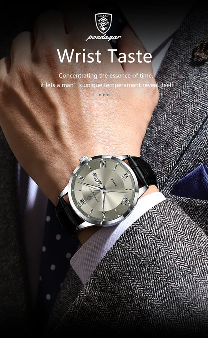 POEDAGAR Business Brand Men Clock Waterproof Luminous Date Week Fashion Man Wristwatch Leather Luxury Men's Quartz Watches Reloj