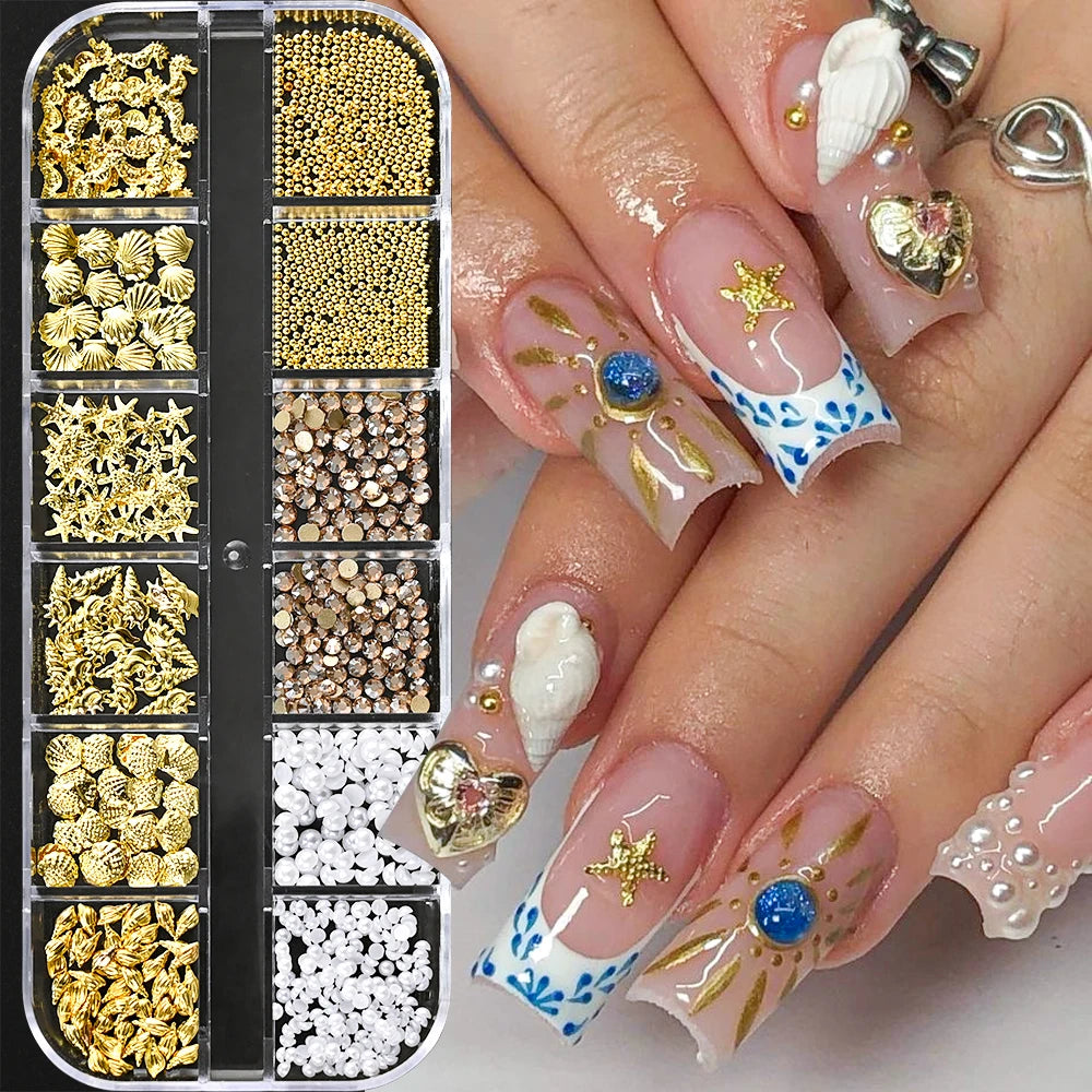 12Grid 3D Gold Ocean Rivet Nail Charms Mixed Seahorsea/Starfish /Conch Pearl/Mini Caviar Beads/Rhinestone Nail Jewery Decoration