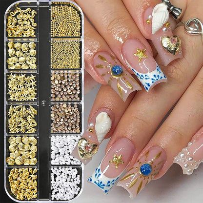 12Grid 3D Gold Ocean Rivet Nail Charms Mixed Seahorsea/Starfish /Conch Pearl/Mini Caviar Beads/Rhinestone Nail Jewery Decoration