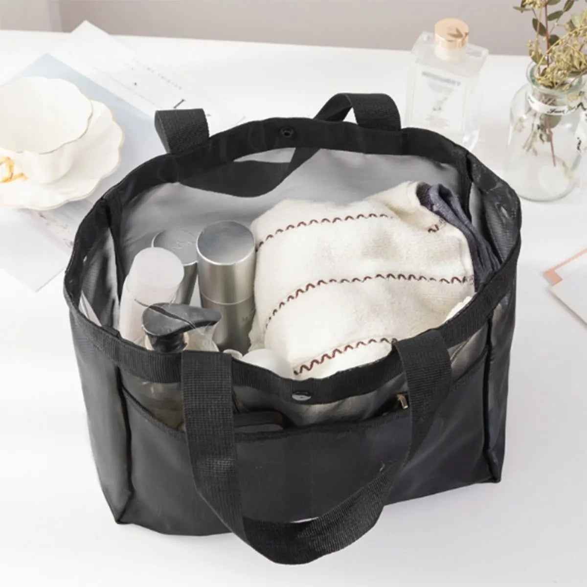 Solid color gauze handbag transparent storage bag shoulder bag beach bag Large capacity mall transparent net shopping bag 1 pc