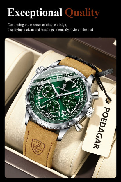 POEDAGAR Luxury Business Men's Watch Waterproof Luminous Date Chronograph Leather Man Clock Fashion Quartz Watches For Men Reloj