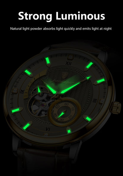 POEDAGAR Fashion Business Men Watch Waterproof Luminous Hollow Tourbillon Male Clock Automatic Mechanical Leather Men's Watches
