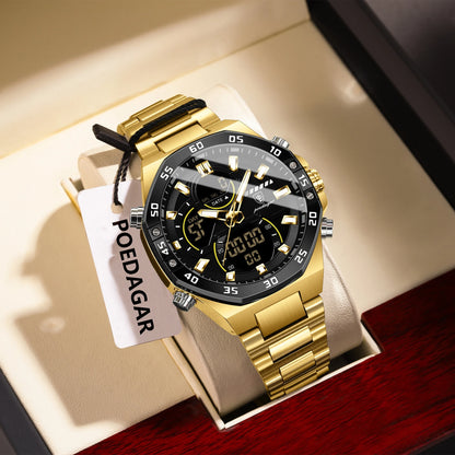 POEDAGAR Top Men Clock LED Luminous Waterproof Week Date Military Man Wristwatch Electronic Stainless Steel Quartz Men's Watches