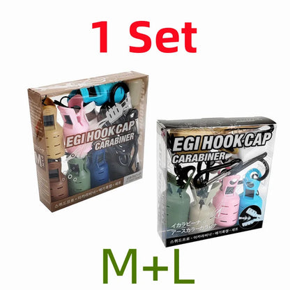 L+M Size Squid Jig Protector Set Octopus Egi Hook Cover Cuttlefish Umbrella Lure Cap Wood Shrimp Bait Tackle with Carabiner