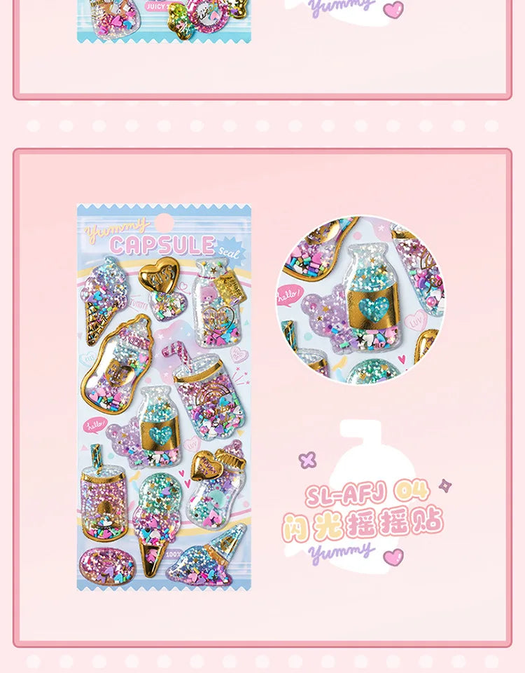 Kawaii Capsule Sparkling 3D Stickers Scrapbooking Diy Journal Stationery Sticker Cute Deco Art School Supplies