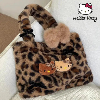 Hello Kitty leopard print plush fashion cute handbag for girls shoulder bag armpit handbag lightweight and durable gift forgirls