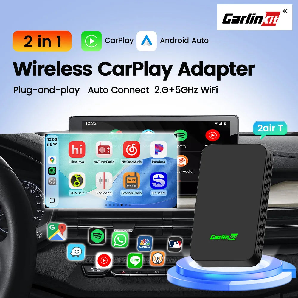 Carlinkit 5.0 2air Wireless CarPlay Android Auto Wireless Adapter 2in1 Plug and Play Auto Connection 5.8Ghz WiFi Bluetooth GPS