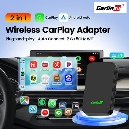 Carlinkit 5.0 2air Wireless CarPlay Android Auto Wireless Adapter 2in1 Plug and Play Auto Connection 5.8Ghz WiFi Bluetooth GPS