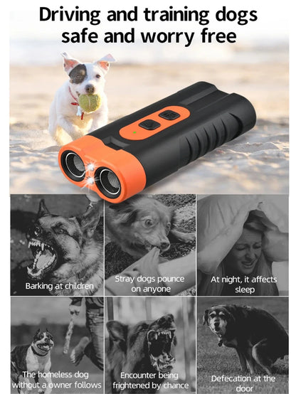 2025 Dual Head Ultrasonic Dog Repeller USB Rechargeable High-Power Anti-Bark Training Device with LED Flashlight