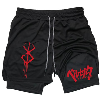 Anime Berserk Performance Shorts Men 2-in- Running Compression Shorts Training Yoga Gym Sportswear Workout Shorts with Pockets