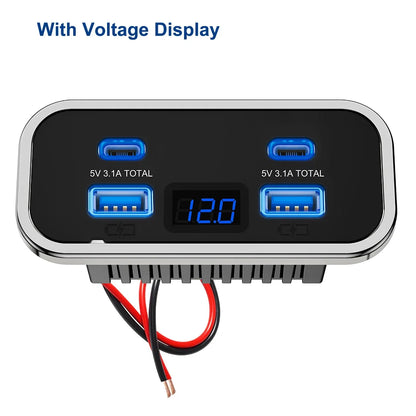 12V-24V 4 Ports Dual USB PD3.0 QC3.0 Outlet 76W Type-C Quick Charge Panel Wall Mount Charger Adapter for Marine Bus ATV Truck RV