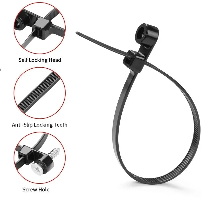 500/100PCS Screw Hole Cable Ties Reusable Fixed Nylon Cable Ties Self-locking Cord Ties Straps Fastening Loop Office Organizer
