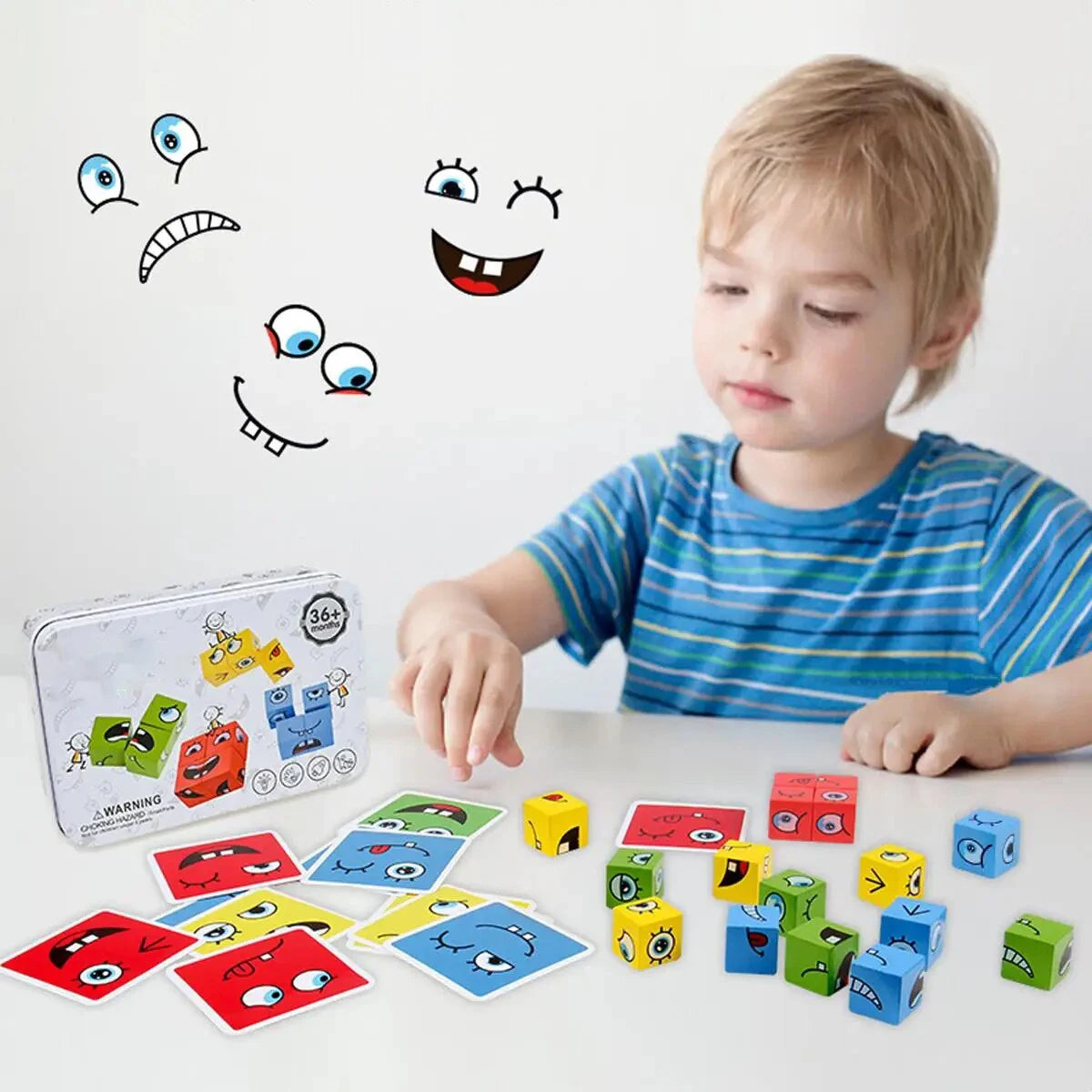 Children's Wooden Four Person Battle Face Changing Facial Expressions Magic Cube Building Blocks Wooden Interactive Games
