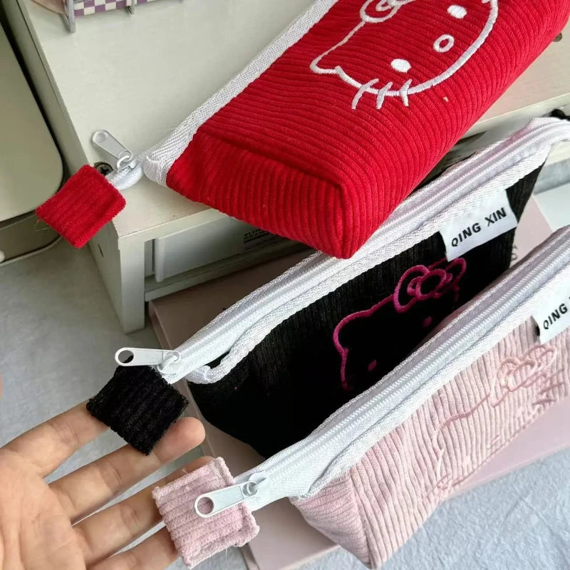 Cute Hello Kitty Corduroy Large Capacity Stationery Storage Bag Portable Handbag Cartoon Pen Bag with High Appearance Value
