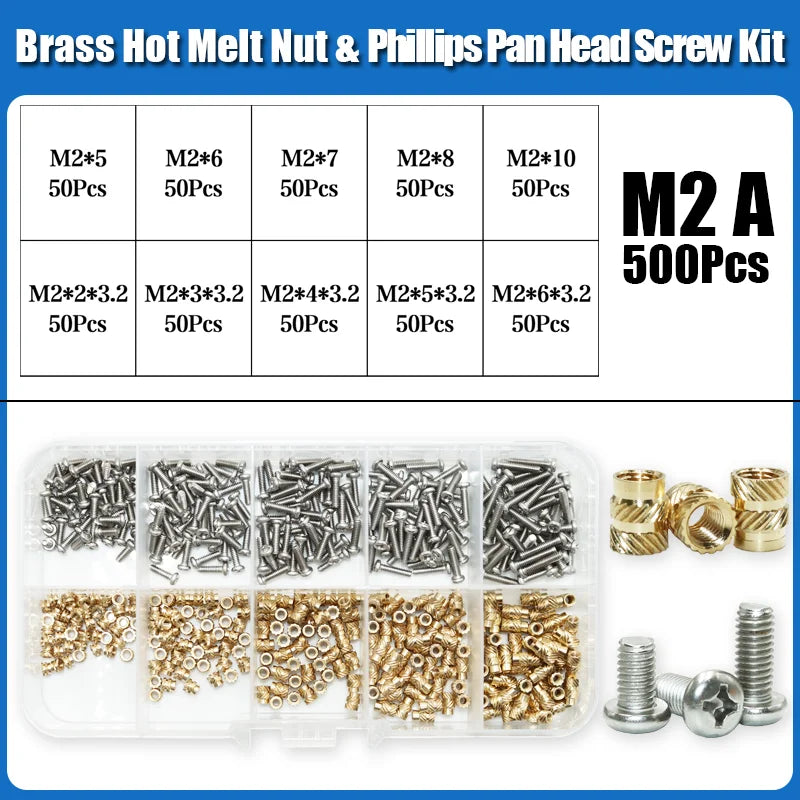 Heat Set Thread Brass Insert Nut and Bolt M2 M3 M4 Soldering Iron Tip Copper Insertion Nut Machine Screw Kit Inserts 3d Printer