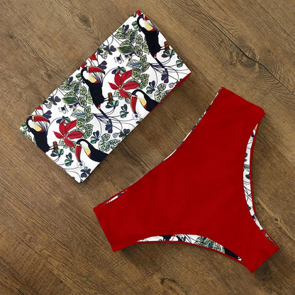 2025 New Sexy Low Hight Bikini Set Swimwear Women Bandeau Female Print Floral Strappy Swimsuit Bathing Suit Beach Wear Biquini
