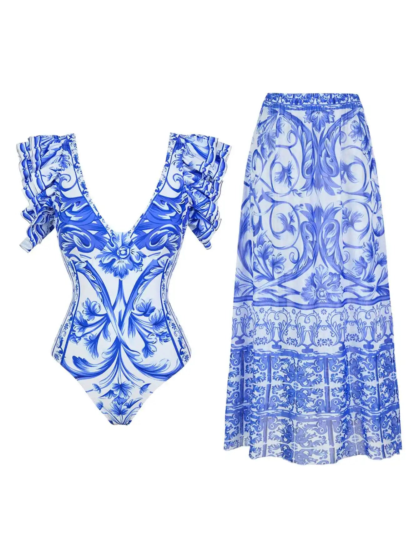 Blue One-Shoulder Ruffled Print Floral Swimsuit Set Cover Up Single Piece Micro Monokini Sexy Swimwear For Girls Summer Beach