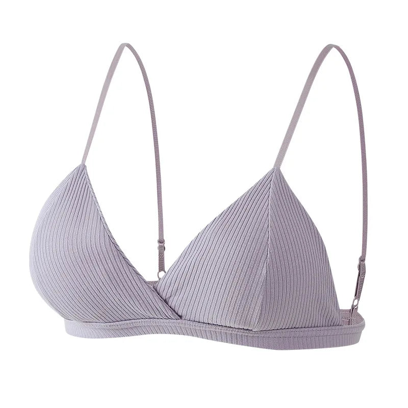 Women Cotton Push-Up Bra Ribbed Triangle Cup Bralette Wire-Free Bras Ladies Sexy Lingerie Simple Low Back Single Hook Underwear