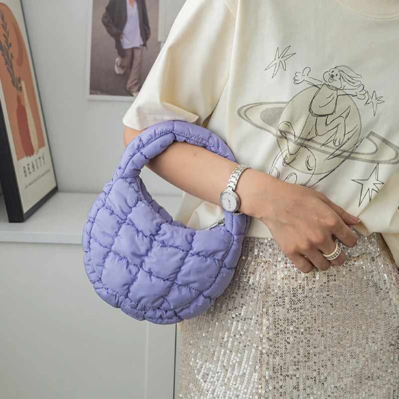 Candy bag Fashion Mini Puffer Tote Bag Quilted Circle Phone Purse  Elegant  Soft Nylon Padded Key Pouch Simple Trend Handbag