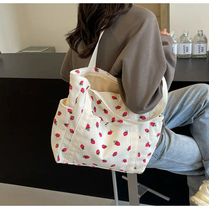 Fashion Corduroy Shoulder Bag for Women, Cute Printed Handbag, Casual Commuter & Shopping Purse, Trendy Underarm Bag