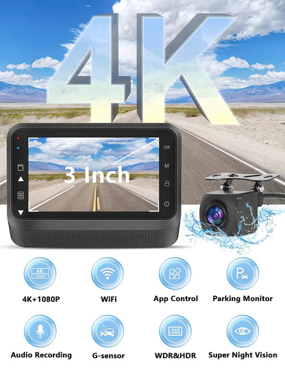 Kocam 4K UHD Dash Cam WiFi Car DVR Front and Rear Dual Lens Auto Car Camera with Night Vision 24H Parking Monitor Black Box