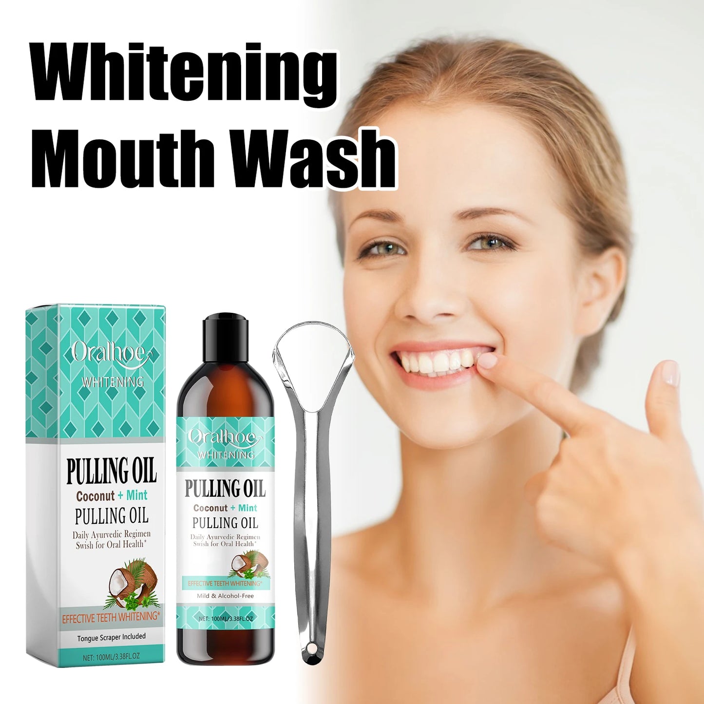 Coconut Mint Pulling Oil Mouthwash Kit With Tongue Scraper Fresh Oral Breath Odor Removal Alcohol-Free Whiten Tool Mouth Care