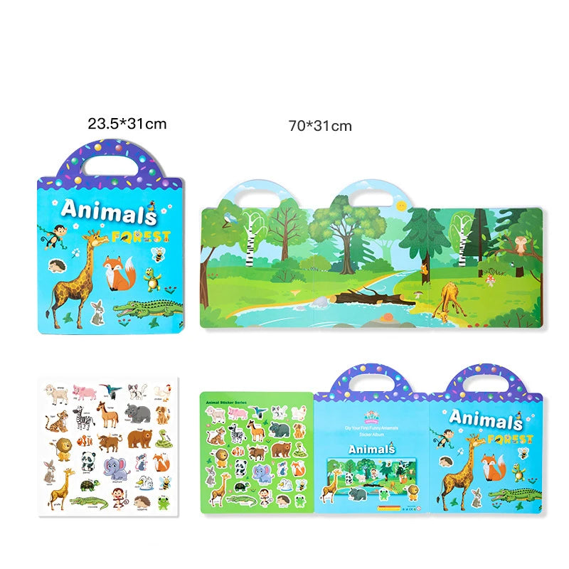 Reusable Cartoon Sticker Book for Kids Multiple Scenos DIY Puzzle Game Educational Learning Classic Toys for Child Age 2-4 Gifts