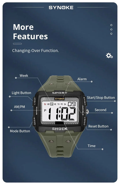 SYNOKE New For Men Sports Electronic Watch Waterproof Night Glow Large Screen Square Outdoor Running Camping Student Watch