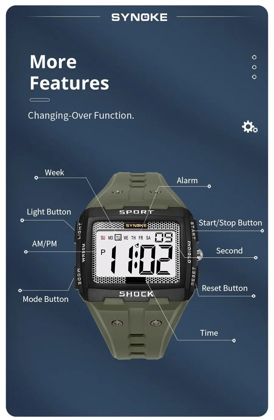 SYNOKE New For Men Sports Electronic Watch Waterproof Night Glow Large Screen Square Outdoor Running Camping Student Watch