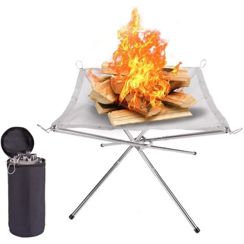 Portable Outdoor BBQ Bonfire Rack, BBQ Fire Pit Grill, Stainless Steel Mesh Fire Pit Wood Stove Stand, Foldable Fire Frame Rack