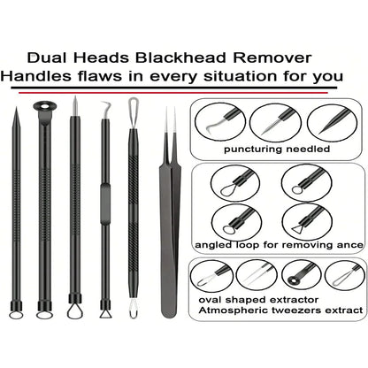 6pcs/set Acne Removal Needle and Clip Stainless Steel Tool Blackhead Removal Blemishes Facial Skin Care Beauty Facial Pore Clean