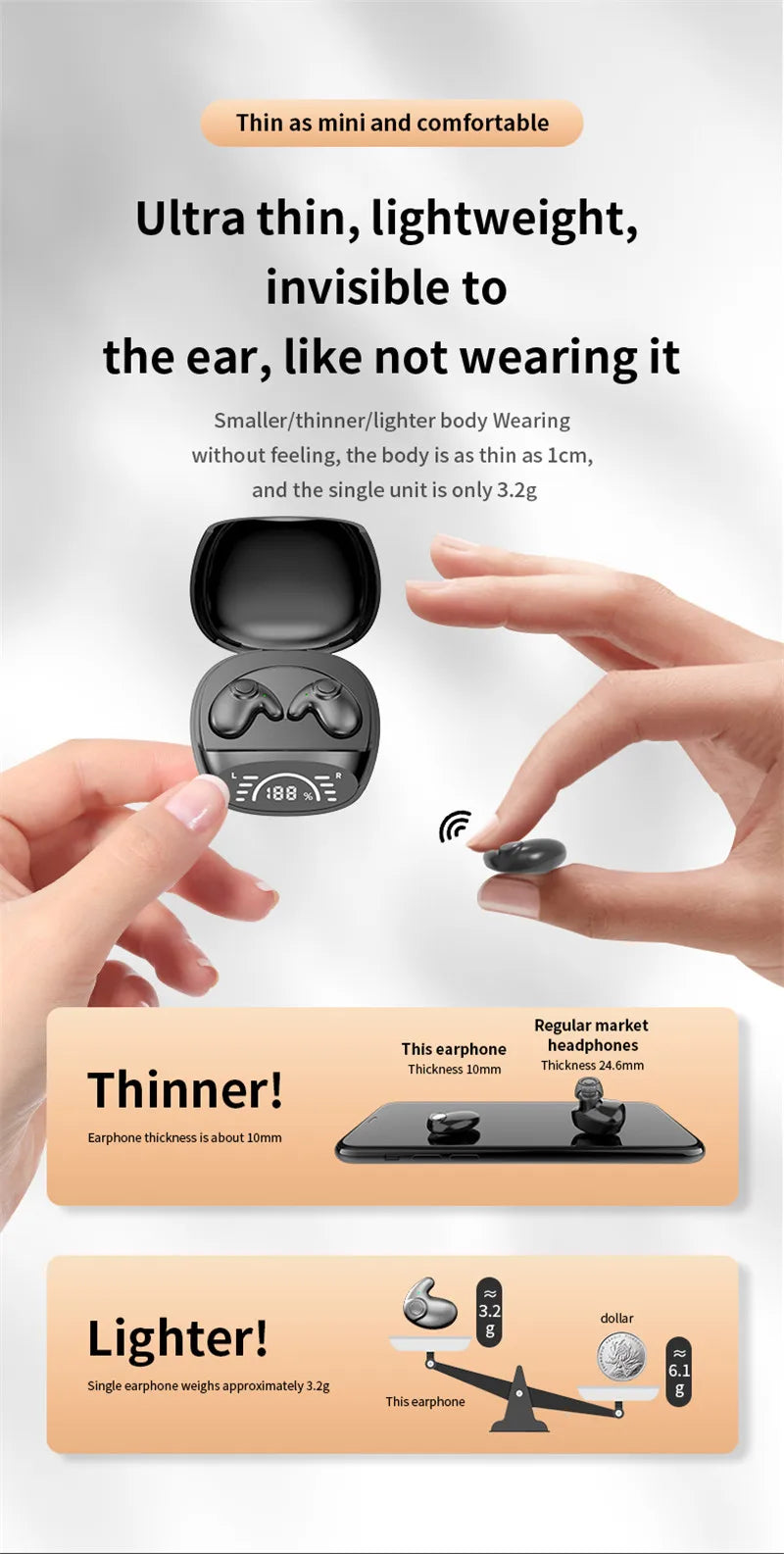 Invisible Earbuds Sleep Headphones Bluetooth 5.3 Noise Reduction Earbuds TWS Wireless Headsets Sport Stereo Earphones for Phone