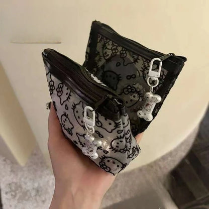 Transparent Mesh Hello Kitty Coin Purse Cartoon Style Fashionable, Simple Portable Makeup Bag Headphone Storage Bag Holiday Gift