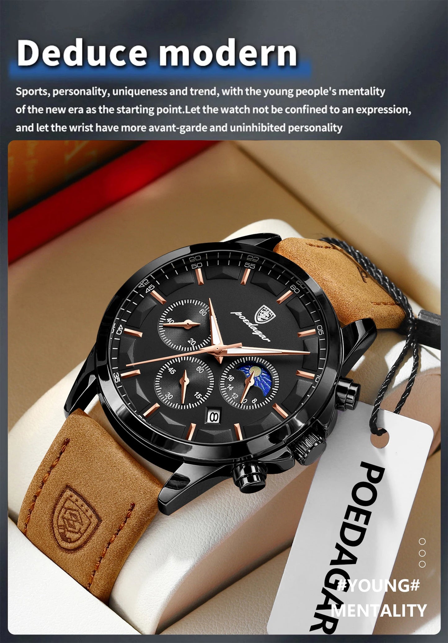 POEDAGAR Original Military Men Clock Waterproof Luminous Leather Quartz Man Watch Chronograph Date Luxury Business Men's Watches